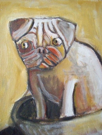 PUG IN A BASKET 8X10 ORIGINAL ACRYLIC PET PORTRAIT 2008
